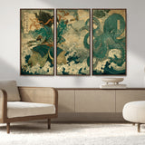 24416422-MGV-FC-48X32-3P_Walnut-Samurai vs Octopus Wall Art – Japanese Warrior Ocean Battle Canvas Print, Ukiyo e Inspired Decor for Home, Office, or Man Cave