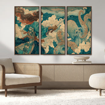 37943964-MGV-CV-36X24-Tsukioka Yoshitoshi Samurai Wall Art Print, Japanese Katana Warrior Canvas Wall Art, Octopus Sea Monster Canvas Print,