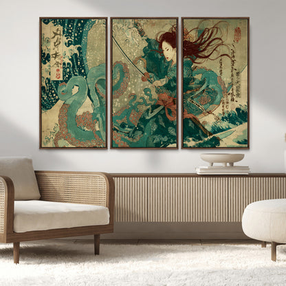 86918027-MGV-FC-48X32-3P_Walnut-Samurai Warrior vs Octopus Wall Art – Japanese Ukiyo-e Ocean Battle Canvas Print, Traditional Samurai Artwork for Living Room,