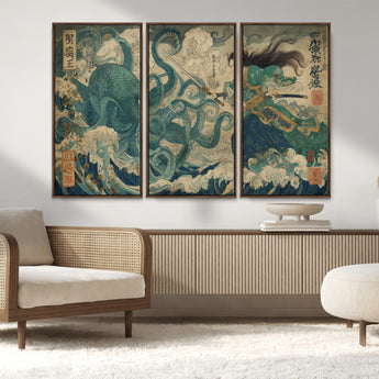 60346622-MGV-FC-48X32-3P_Walnut-Samurai Warrior vs Octopus Wall Art – Japanese Ukiyo-e Style Ocean Battle Canvas Print, Traditional Samurai Artwork for Living