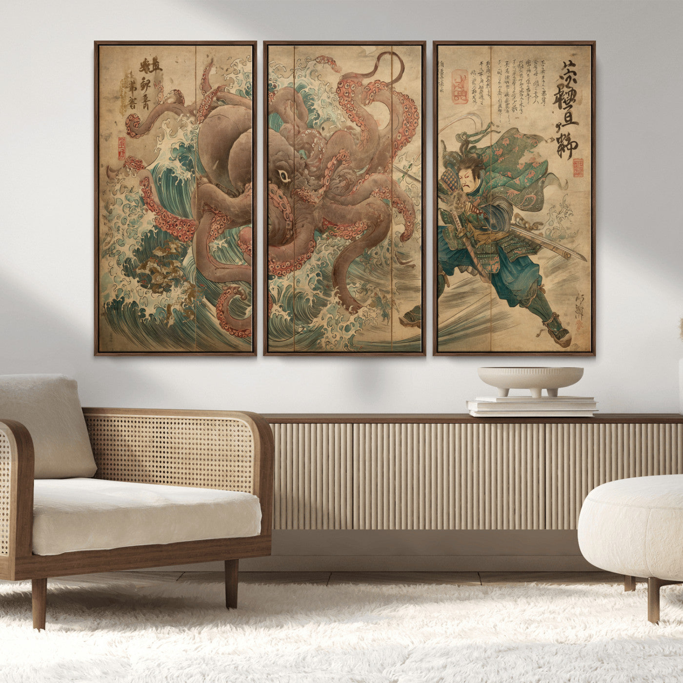 63782167-MGV-CV-36X24-Tsukioka Yoshitoshi Samurai Wall Art Print, Japanese Katana Warrior Canvas Wall Art, Octopus Sea Monster Canvas Print,