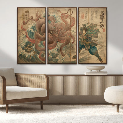 63782167-MGV-CV-36X24-Tsukioka Yoshitoshi Samurai Wall Art Print, Japanese Katana Warrior Canvas Wall Art, Octopus Sea Monster Canvas Print,