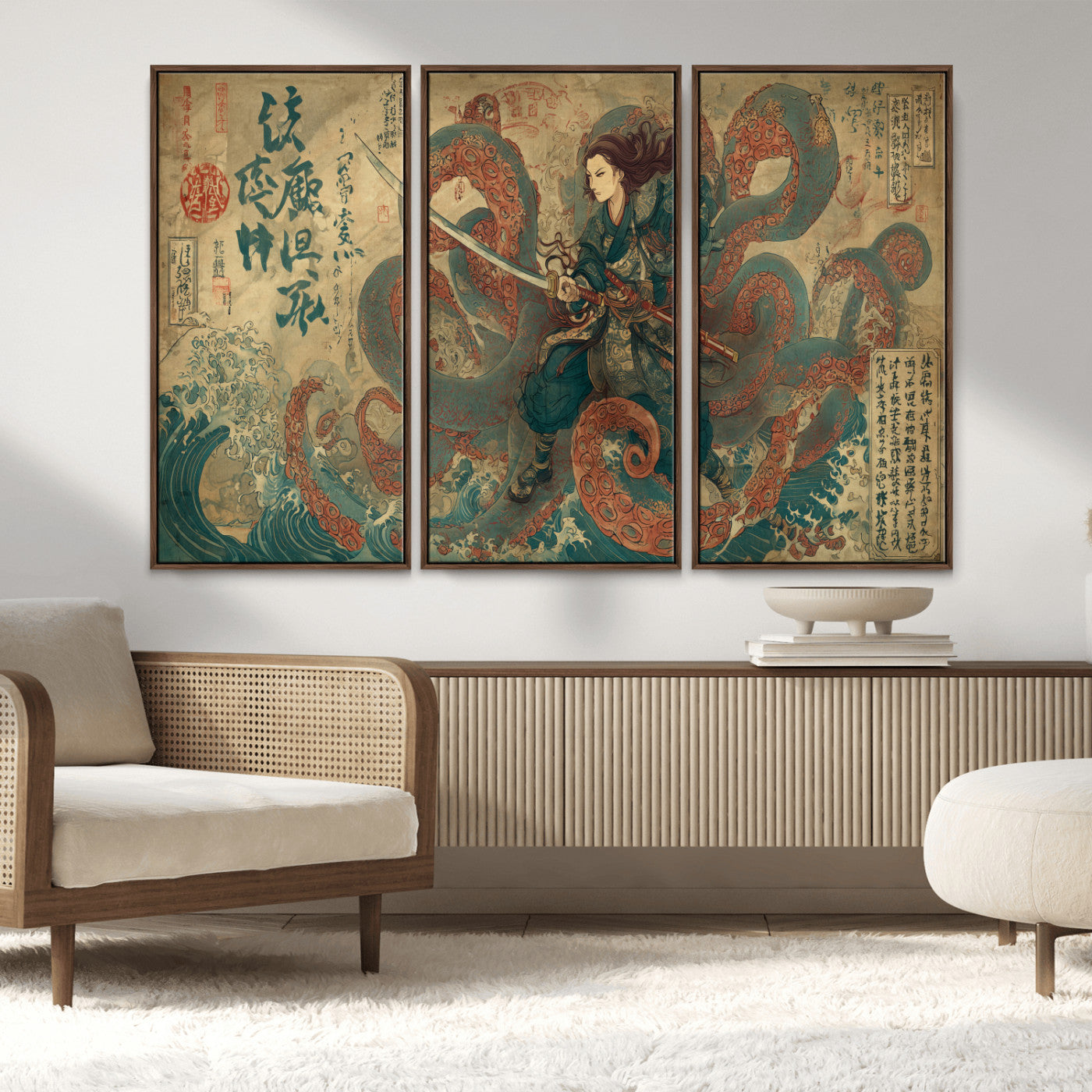 98593115-MGV-FC-48X32-3P_Walnut-Samurai Warrior vs Octopus Wall Art – Japanese Ukiyo-e Calligraphy Canvas Print, Ocean Battle Scene Artwork for Living Room,