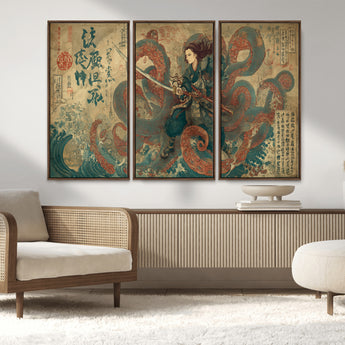 98593115-MGV-FC-48X32-3P_Walnut-Samurai Warrior vs Octopus Wall Art – Japanese Ukiyo-e Calligraphy Canvas Print, Ocean Battle Scene Artwork for Living Room,