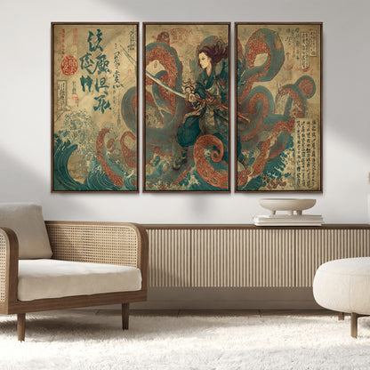 98593115-MGV-FC-48X32-3P_Walnut-Samurai Warrior vs Octopus Wall Art – Japanese Ukiyo-e Calligraphy Canvas Print, Ocean Battle Scene Artwork for Living Room,