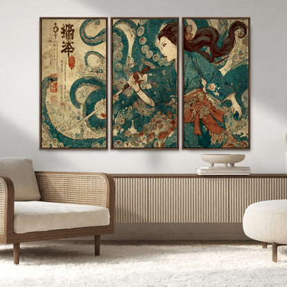 18575670-MGV-CV-36X24-Samurai Woman vs Octopus Wall Art – Japanese Ukiyo-e Ocean Battle Canvas Print, Traditional Warrior Artwork for Living Room,