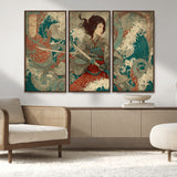 63377977-MGV-CV-36X24-Tsukioka Yoshitoshi Samurai Wall Art Print, Japanese Katana Warrior Canvas Wall Art, Octopus Sea Monster Canvas Print,