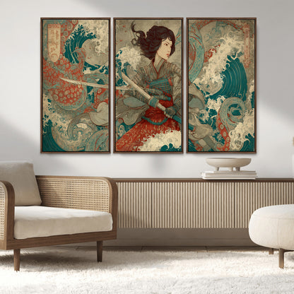 63377977-MGV-CV-36X24-Tsukioka Yoshitoshi Samurai Wall Art Print, Japanese Katana Warrior Canvas Wall Art, Octopus Sea Monster Canvas Print,