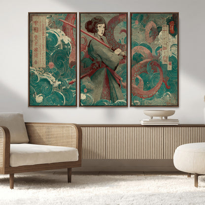 91666601-MGV-FC-48X32-3P_Walnut-Samurai Woman vs Octopus Wall Art – Japanese Ukiyo-e Green Robe Canvas Print, Ocean Battle Artwork for Living Room, Office, Man
