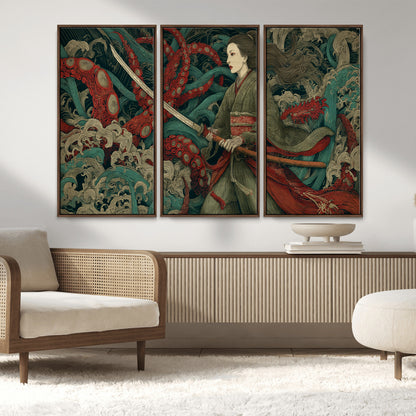 18902796-MGV-FC-48X32-3P_Walnut-Samurai Woman vs Octopus Wall Art – Japanese Ukiyo-e Green Kimono Canvas Print, Ocean Battle Scene Artwork for Living Room,