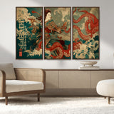60201267-MGV-FC-48X32-3P_Walnut-Samurai Woman vs Octopus Wall Art – Japanese Ukiyo-e Armor Canvas Print, Red Tentacle Ocean Battle Artwork for Living Room,
