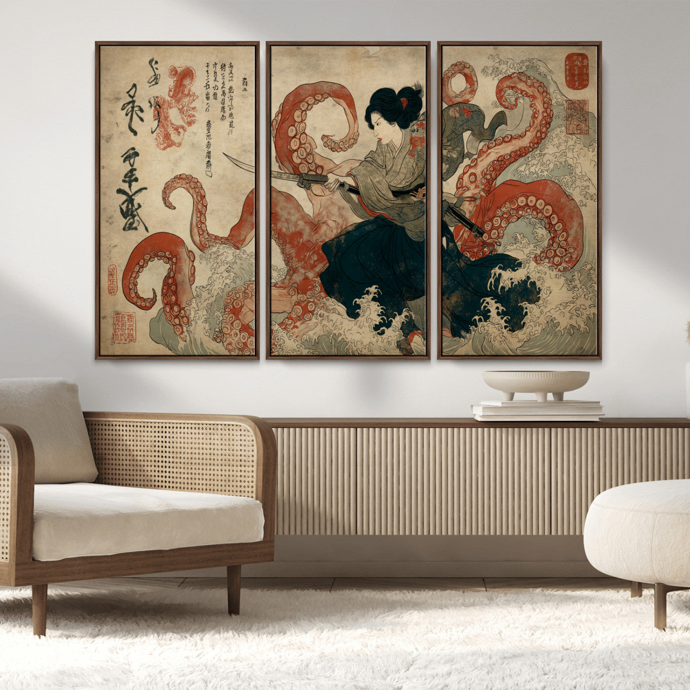82737246-MGV-FC-48X32-3P_Walnut-Samurai Woman vs Octopus Wall Art – Japanese Ukiyo-e Dual Sword Canvas Print, Red Tentacle Ocean Battle Artwork for Living Room,