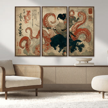82737246-MGV-FC-48X32-3P_Walnut-Samurai Woman vs Octopus Wall Art – Japanese Ukiyo-e Dual Sword Canvas Print, Red Tentacle Ocean Battle Artwork for Living Room,