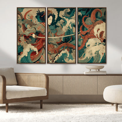 30212982-MGV-FC-48X32-3P_Walnut-Samurai Woman vs Octopus Wall Art – Japanese Ukiyo-e Style Warrior and Sea Monster Canvas Print, Mythology Inspired Artwork for