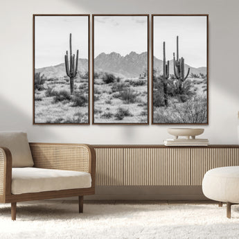 97436PHN-MGV-CV-36X24-Desert Landscape Wall Art – Black and White Cactus and Mountain Canvas Print, Southwestern Nature Photography for Living Room,