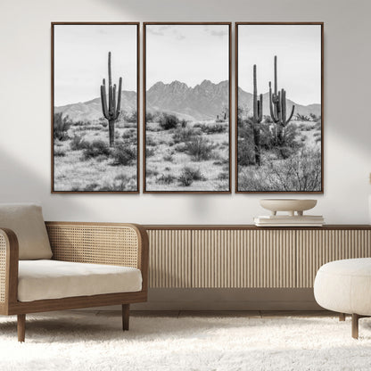 97436PHN-MGV-CV-36X24-Desert Landscape Wall Art – Black and White Cactus and Mountain Canvas Print, Southwestern Nature Photography for Living Room,