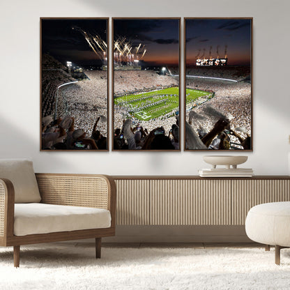 Penn-MGV-FC-48X32-3P_Walnut-Football Stadium Wall Art – Panoramic Night Game Canvas Print, Packed Crowd with Fireworks, Sports Decor for Office, Man Cave, Bar