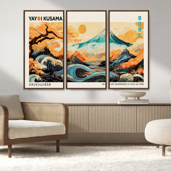 94085549-MGV-CV-36X24-Yayoi Kusama Inspired Japanese Landscape Art Print – Vibrant Mount Fuji, Waves & Autumn Trees, Modern Decorative Poster for