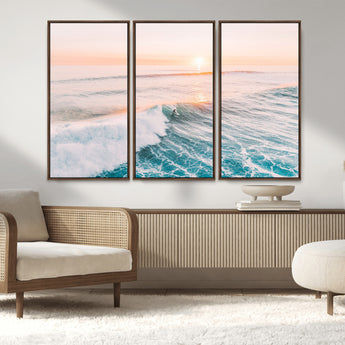 34064591-MGV-FC-48X32-3P_Walnut-Surfing Wall Art – Sunset Ocean Wave Canvas Print, Surfer Riding Sea Photography Decor for Bedroom, Living Room, Office, Coastal