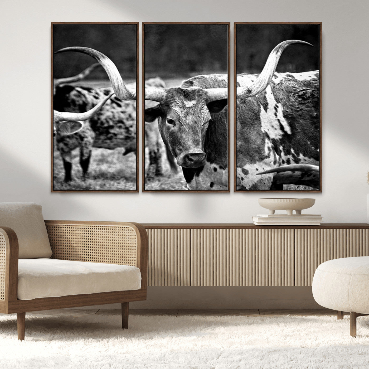 15425553-MGV-CV-36X24-Western Wall Art – Longhorn Cattle Black and White Canvas Print, Rustic Ranch Photography Decor for Bedroom, Living Room, Office,
