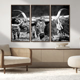 15425553-MGV-CV-36X24-Western Wall Art – Longhorn Cattle Black and White Canvas Print, Rustic Ranch Photography Decor for Bedroom, Living Room, Office,