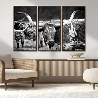 15425553-MGV-CV-36X24-Western Wall Art – Longhorn Cattle Black and White Canvas Print, Rustic Ranch Photography Decor for Bedroom, Living Room, Office,