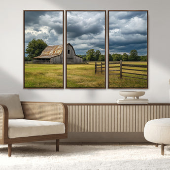 39409517-MGV-FC-48X32-3P_Walnut-Rustic Barn Wall Art – Weathered Farmhouse and Storm Clouds Canvas Print, Country Landscape Photography Decor for Bedroom, Living