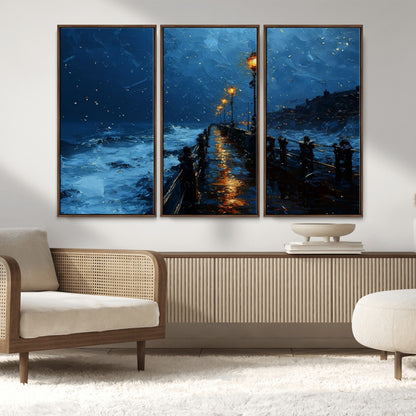 48300530-MGV-CV-36X24-Dark Stormy Pier Canvas Wall Art – Moody Ocean Night Scene with Street Lamps, Blue Coastal Seascape Print for Bedroom, Office, or