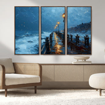93793246-MGV-FC-48X32-3P_Walnut-Stormy Night Pier Canvas Wall Art – Moody Ocean Landscape with Lights, Blue Coastal Seascape Print for Bedroom, Living Room,