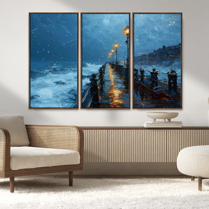 93793246-MGV-FC-48X32-3P_Walnut-Stormy Night Pier Canvas Wall Art – Moody Ocean Landscape with Lights, Blue Coastal Seascape Print for Bedroom, Living Room,
