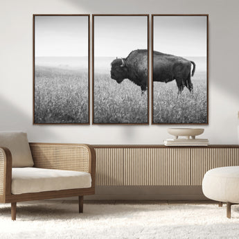 90861202-MGV-CV-36X24-Black and White Bison Canvas Wall Art – Rustic American Buffalo Print, Western Wildlife Photography for Farmhouse, Cabin, Office