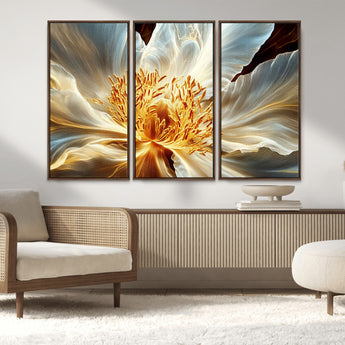 20862576-MGV-FC-48X32-3P_Walnut-Golden Abstract Flower Canvas Wall Art – Modern Botanical Bloom Print, Elegant Floral Artwork for Living Room, Bedroom, Office