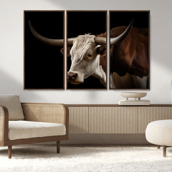 27414857-MGV-CV-36X24-Texas Longhorn Bull Canvas Wall Art – Rustic Western Farmhouse Decor, Brown & White Cow Portrait, Animal Print for Ranch Home