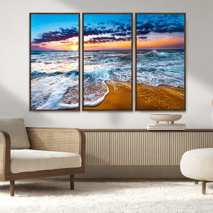 24077769-MGV-CV-36X24-Sunset Beach Wall Art – Ocean Waves Canvas Print, Golden Shoreline Photography Coastal Decor for Living Room, Bedroom, Office,