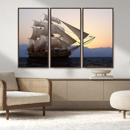 99957679-MGV-CV-36X24-Majestic Sailing Ship Wall Art – Sunset Ocean Voyage, Classic Tall Ship with Wind Filled Sails Canvas Print for Home, Office,