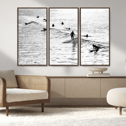 68018616-MGV-CV-36X24-Black and White Surf Photography Print – Minimalist Ocean Wall Art, Surfers Riding Waves, Coastal Beach Decor for Modern Home or