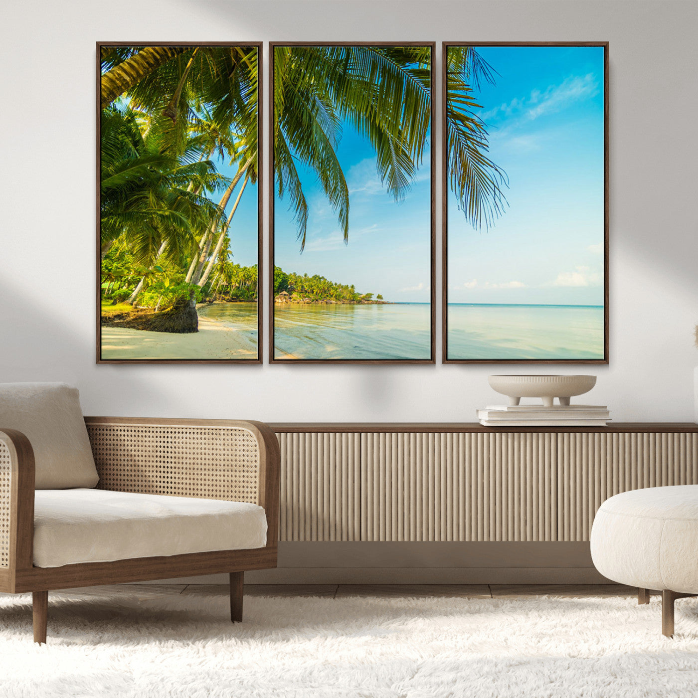 65056721-MGV-FC-48X32-3P_Walnut-Tropical Beach Wall Art – Palm Tree Coastal Photography Print, Relaxing Ocean Paradise Landscape, Island Seascape Home or Office