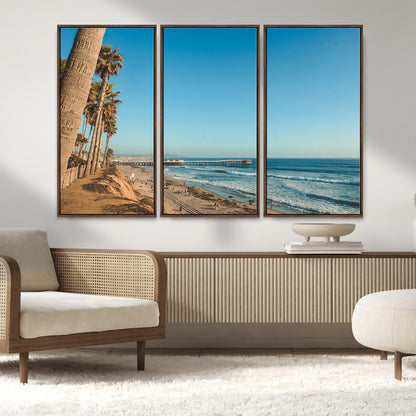 92568259-MGV-CV-36X24-California Beach Wall Art – Palm Tree Pier Canvas Print, Coastal Ocean Photography Seaside Decor for Living Room, Bedroom, Office,