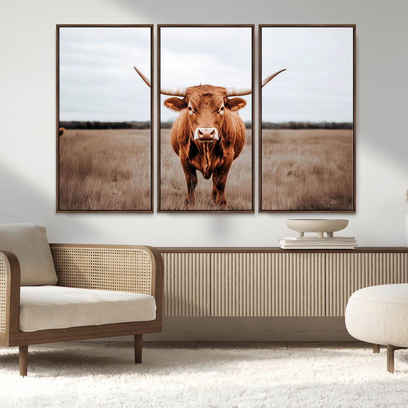 16316734-MGV-FC-48X32-3P_Walnut-Texas Longhorn Wall Art – Rustic Bull Portrait Canvas Print, Western Farmhouse Animal Photography Decor for Living Room, Office,