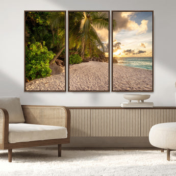 89531159-MGV-CV-36X24-Tropical Beach Sunset Canvas Wall Art – Palm Trees Golden Sand Ocean Waves Coastal Paradise Print for Beach House Bedroom Bathroom