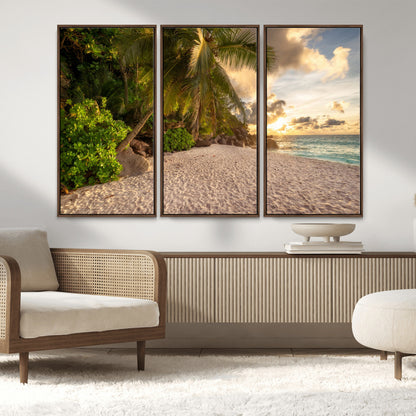 89531159-MGV-CV-36X24-Tropical Beach Sunset Canvas Wall Art – Palm Trees Golden Sand Ocean Waves Coastal Paradise Print for Beach House Bedroom Bathroom