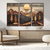 90044381-MGV-FC-48X32-3P_Walnut-Rustic Wall Art – Wooden Mountain Landscape with Sun and Pine Trees, Handcrafted Nature Canvas Style Decor for Bedroom, Living