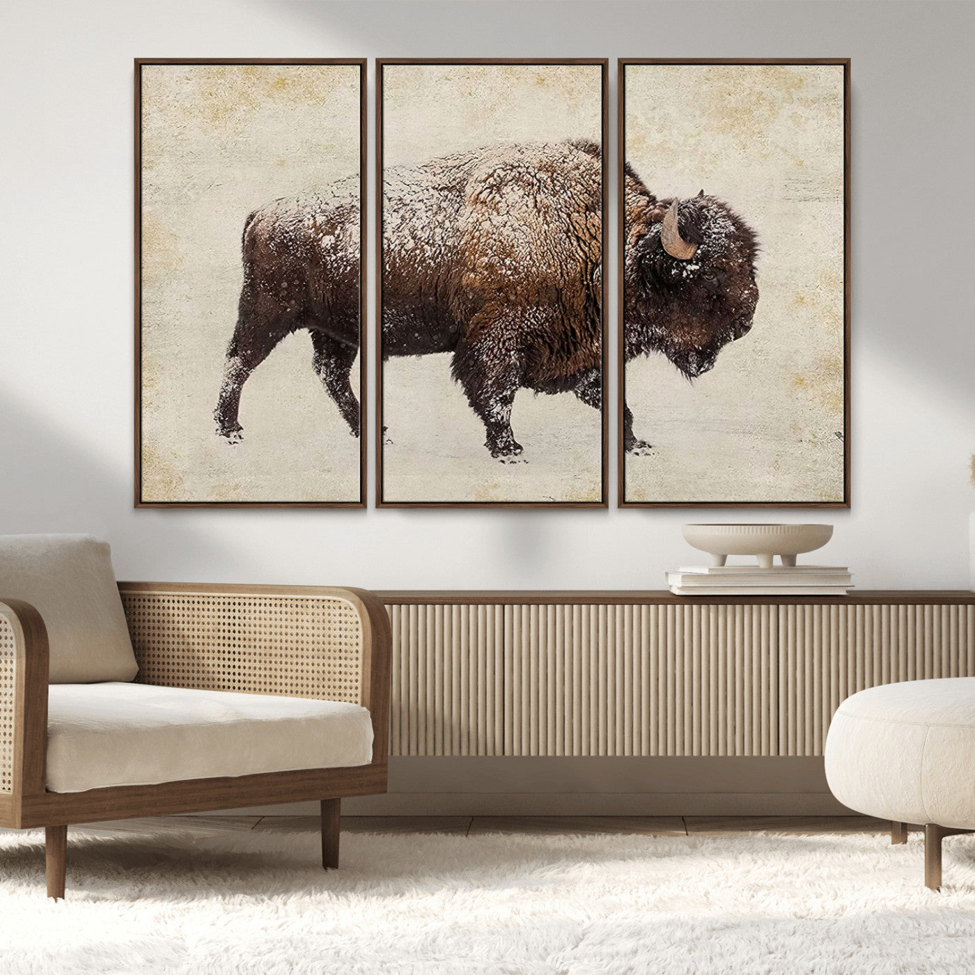 54810031-MGV-FC-48X32-3P_Walnut-Western Wall Art – Snow Covered Bison Canvas Print, Rustic Wildlife Photography Decor for Bedroom, Living Room, Office, Lodge,
