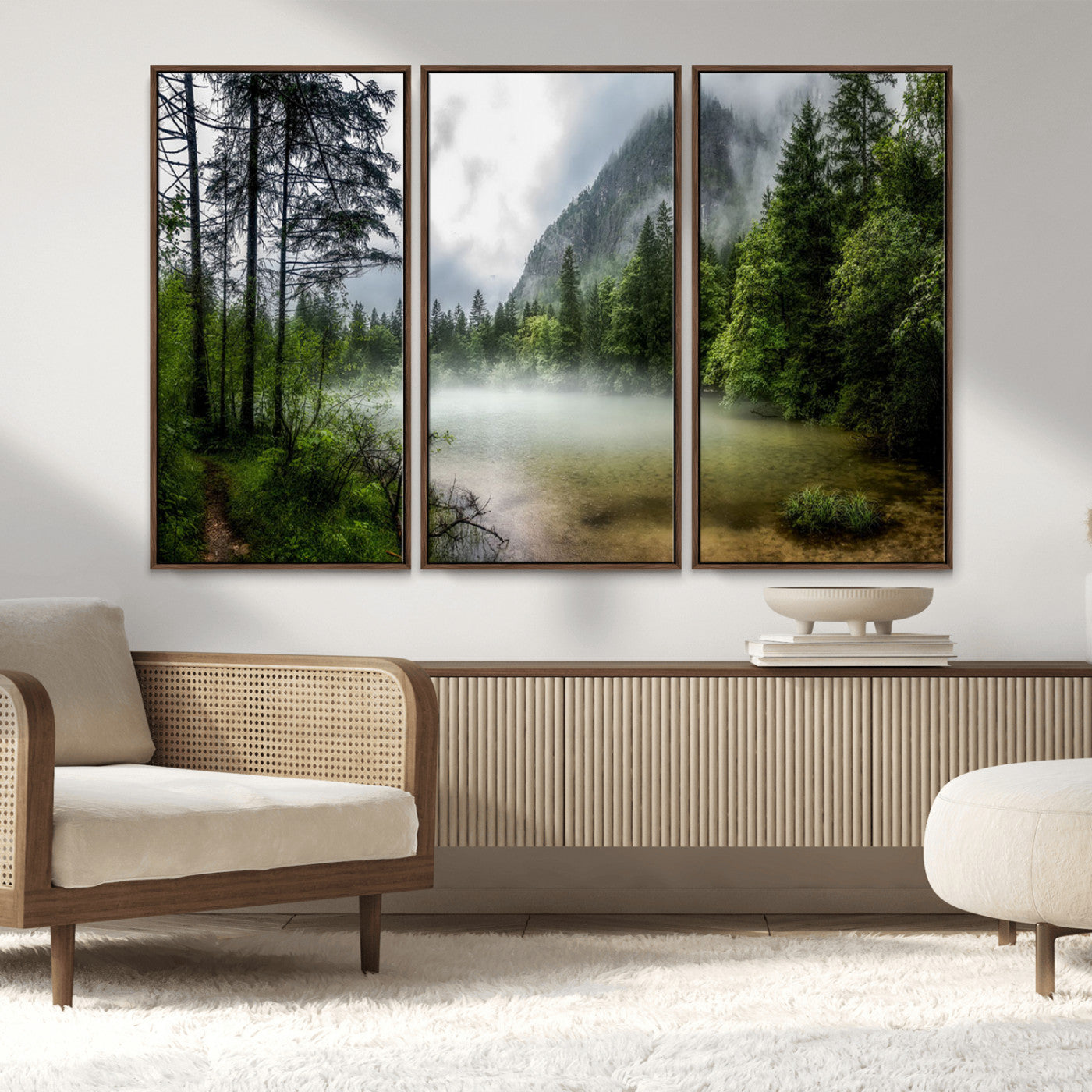 93123937-MGV-FC-48X32-3P_Walnut-Landscape Wall Art – Misty Mountain Lake Canvas Print, Tranquil Forest and Waterfall Photography Decor for Bedroom, Living Room,