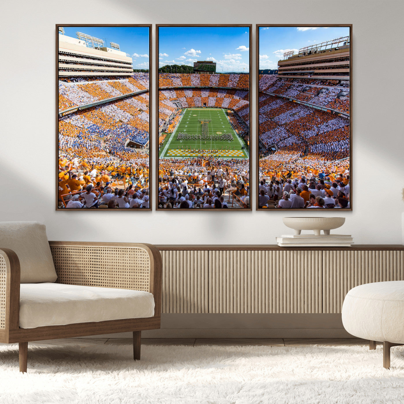 77097951-MGV-FC-48X32-3P_Walnut-Neyland Stadium Wall Art – Panoramic Tennessee Volunteers Checkerboard Crowd Canvas Print, Football Game Day Decor for Office, Man