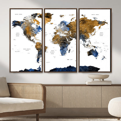 MGV-FC-48X32-3P - World Map Wall Art Canvas Print, Framed Blue Gold Map Art Picture Print, Rustic Atlas Perfect Rustic Modern Decor Artwork