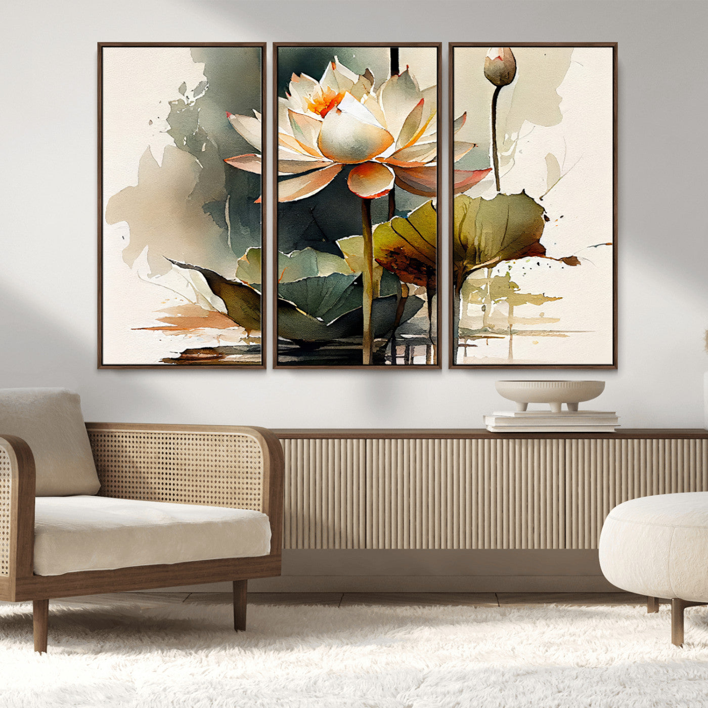 46359-MGV-FC-48X32-3P_Walnut-Lotus Blossom Wall Art Canvas Print, Framed Water Lily Art Picture Print, Zen Flower Perfect Zen Botanical Decor Artwork