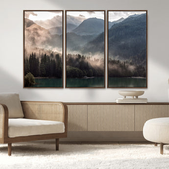 64758-MGV-FC-48X32-3P_Walnut-Misty Mountains Wall Art Canvas Print, Framed Moody Pines Art Picture Print, Forest Lake Perfect Moody Alpine Decor Artwork