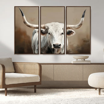 63550-MGV-CV-36X24-Texas Longhorn Wall Art Canvas Print, Framed White Bull Art Picture Print, Horned Cattle Perfect Rustic Western Decor Artwork
