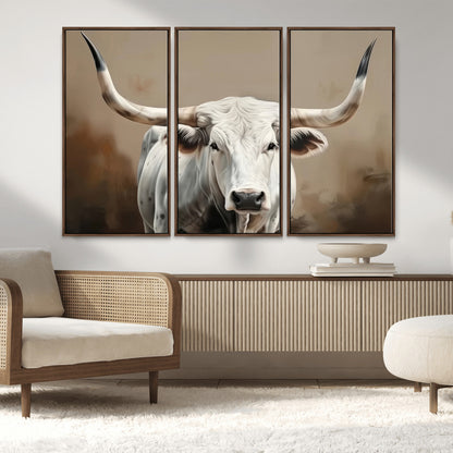 63550-MGV-CV-36X24-Texas Longhorn Wall Art Canvas Print, Framed White Bull Art Picture Print, Horned Cattle Perfect Rustic Western Decor Artwork